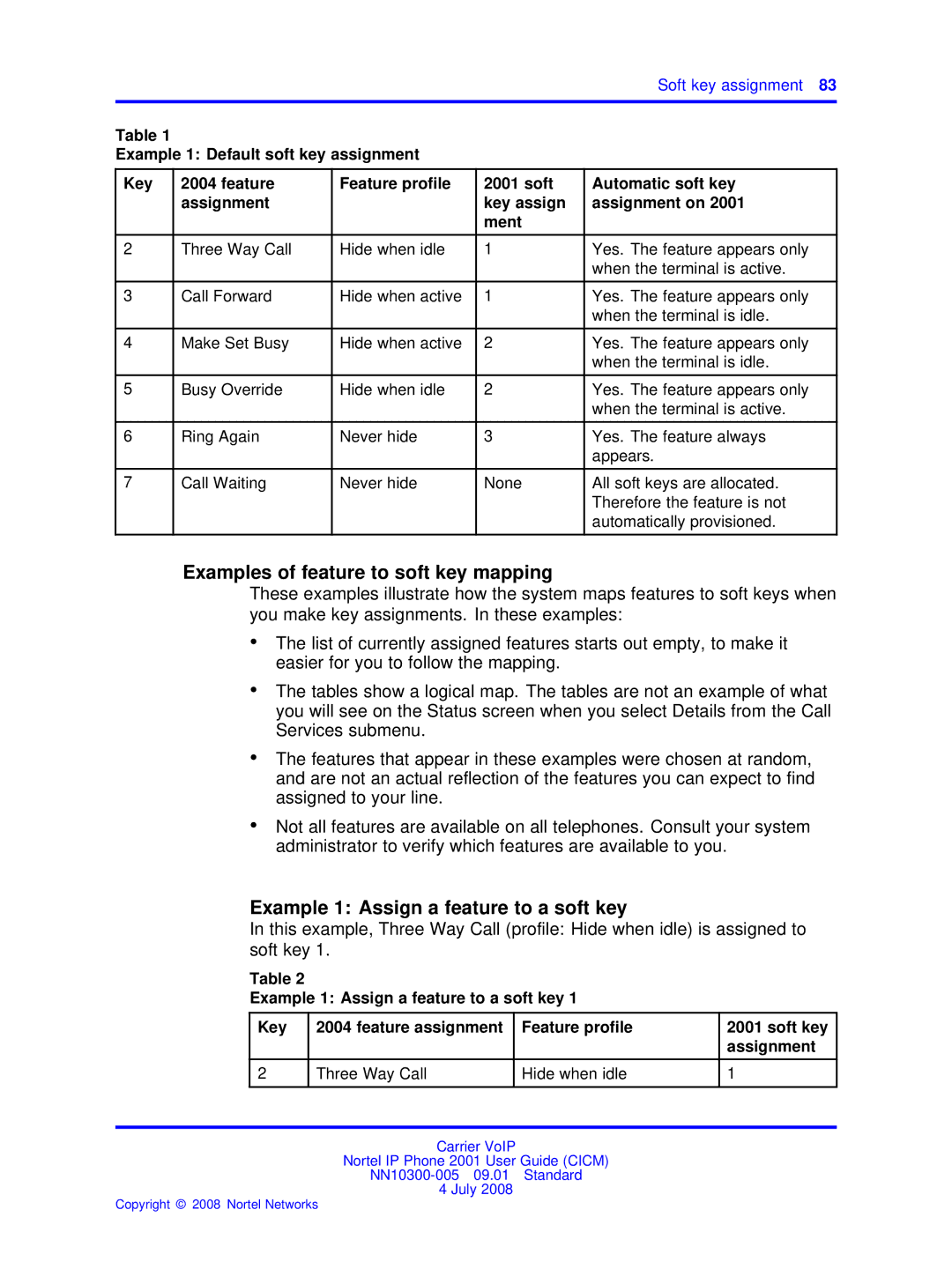 Nortel Networks IP Phone 2001 manual Examples of feature to soft key mapping, Soft key assignment 