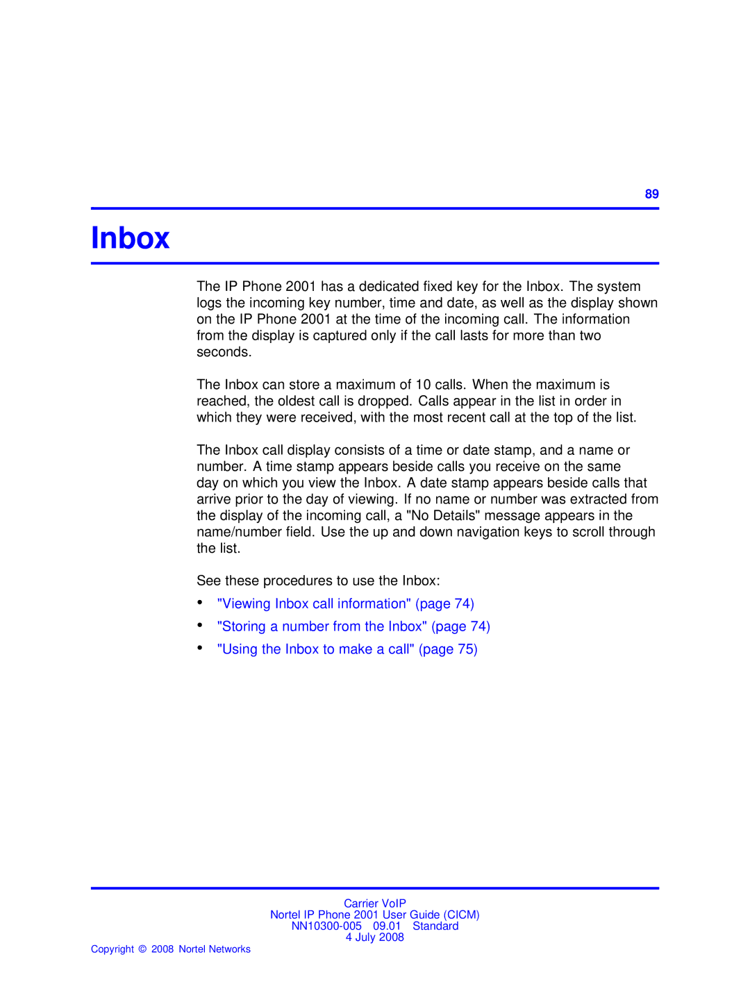 Nortel Networks IP Phone 2001 manual Inbox 