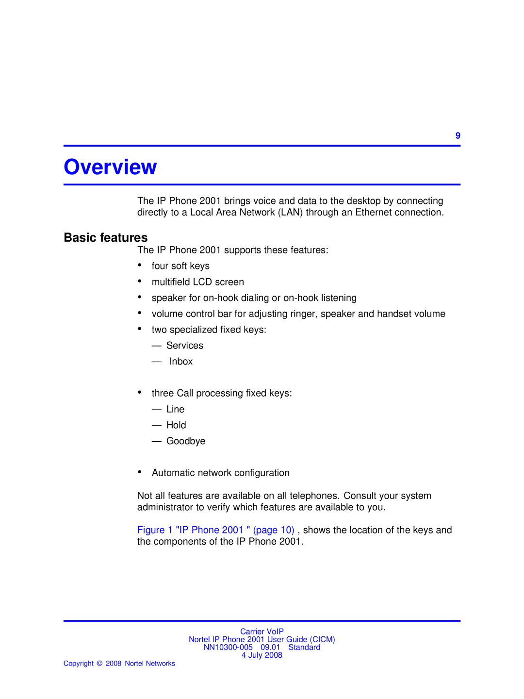 Nortel Networks IP Phone 2001 manual Overview, Basic features 