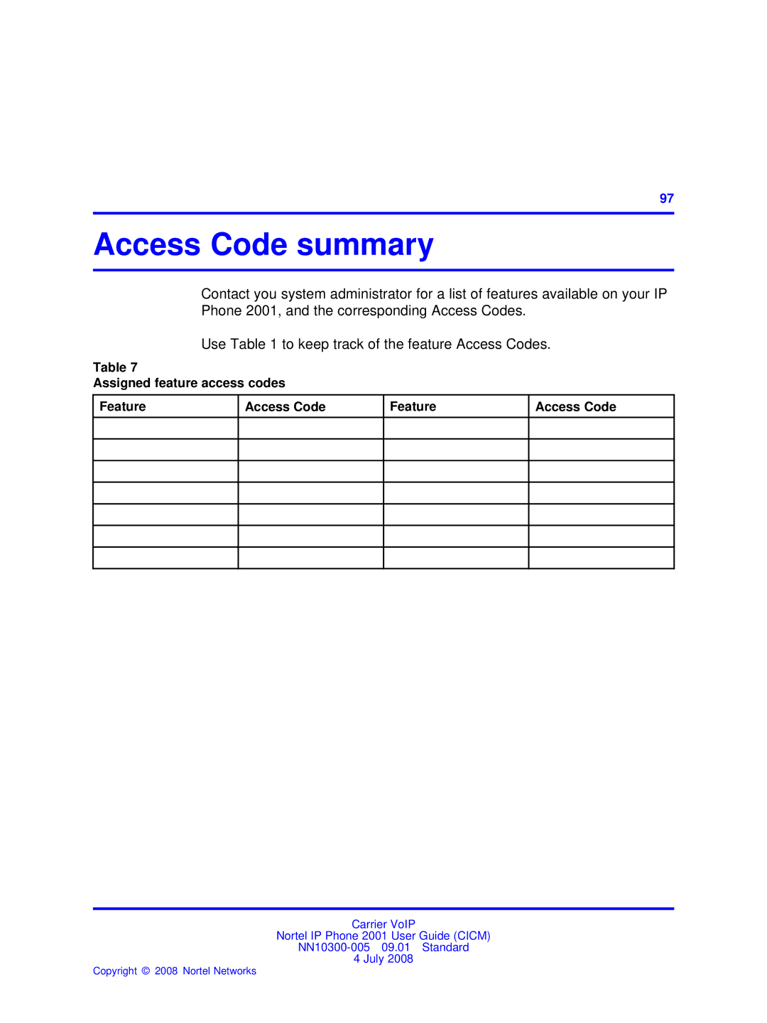 Nortel Networks IP Phone 2001 manual Access Code summary, Assigned feature access codes Feature Access Code 