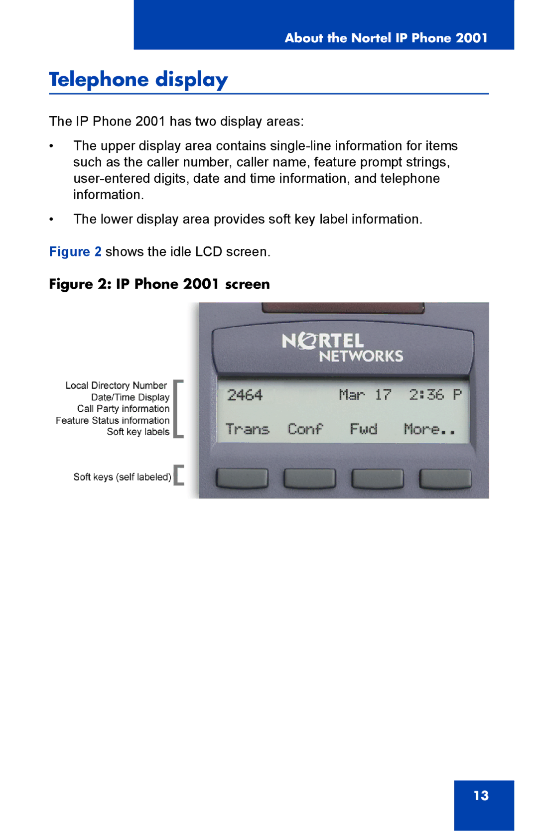 Nortel Networks manual Telephone display, IP Phone 2001 screen 