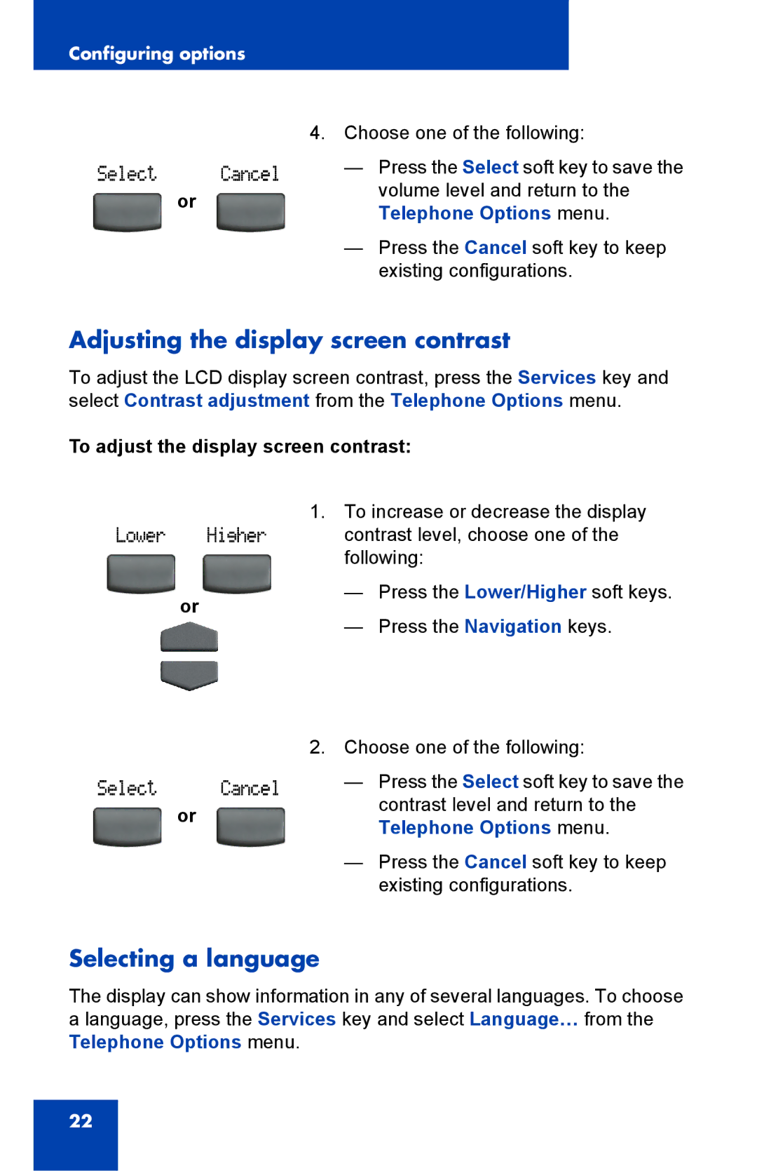 Nortel Networks IP Phone 2001 manual Adjusting the display screen contrast, Selecting a language 