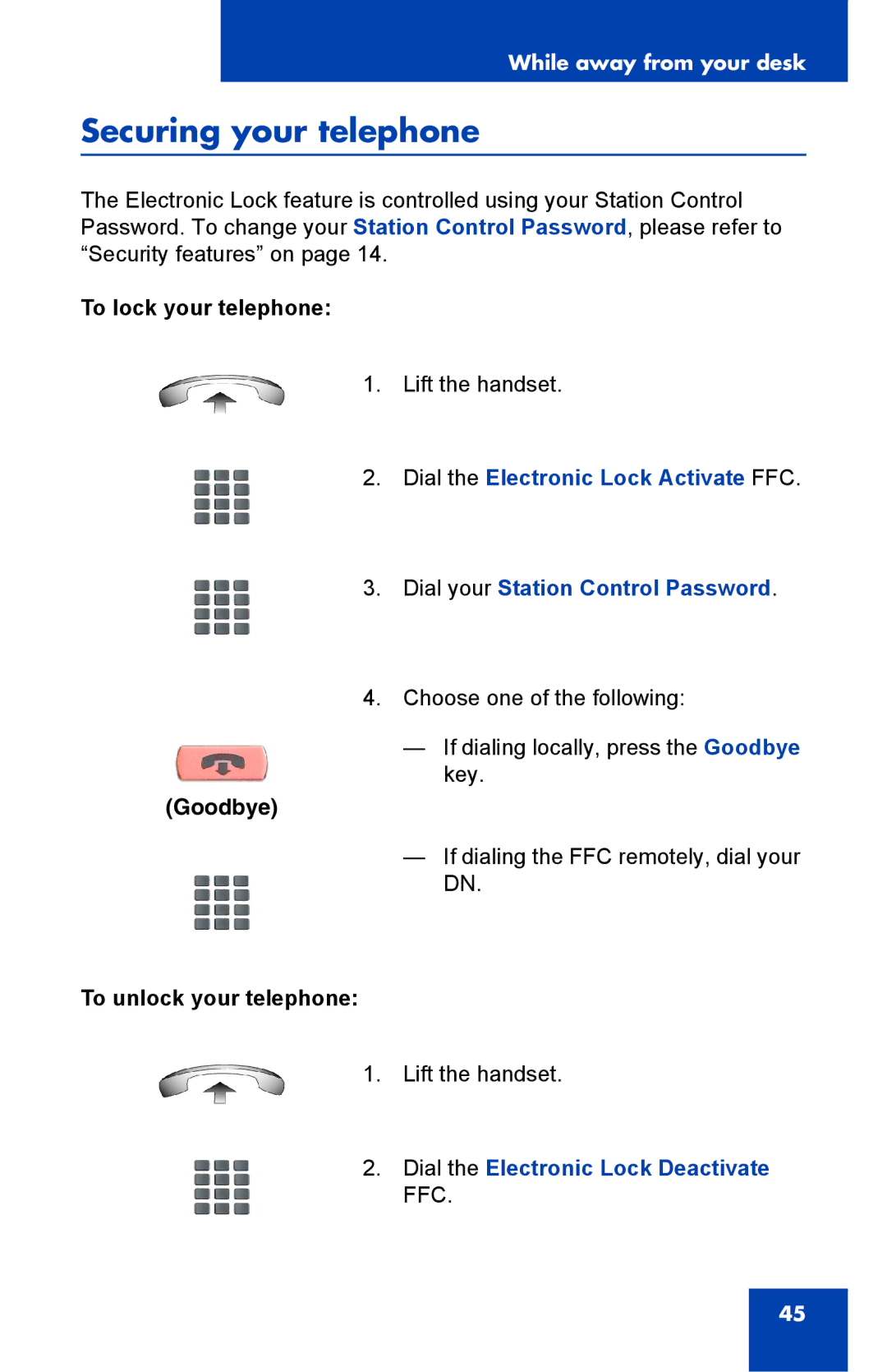 Nortel Networks IP Phone 2001 manual Securing your telephone, To lock your telephone, To unlock your telephone 