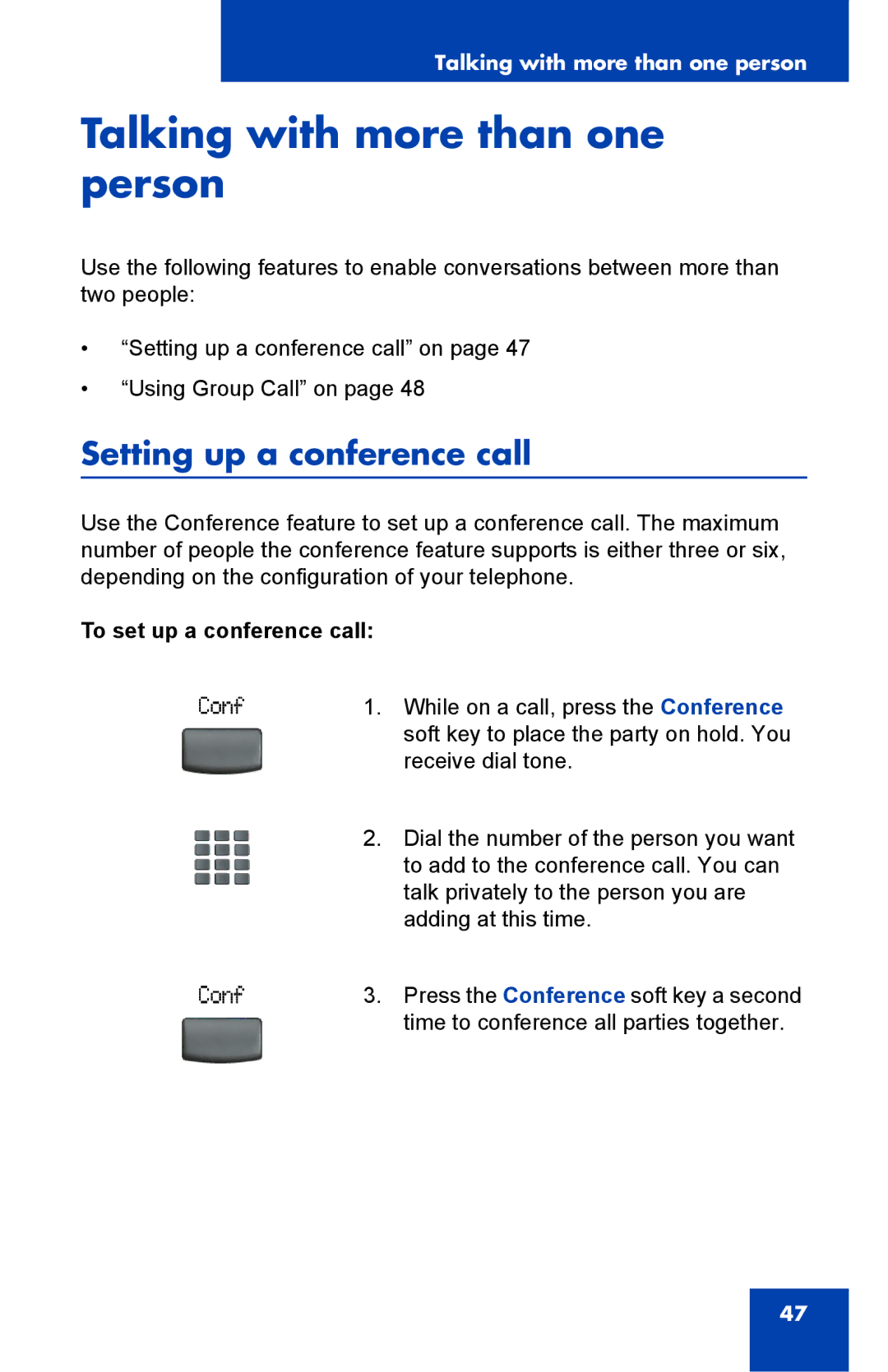 Nortel Networks IP Phone 2001 Talking with more than one person, Setting up a conference call, To set up a conference call 