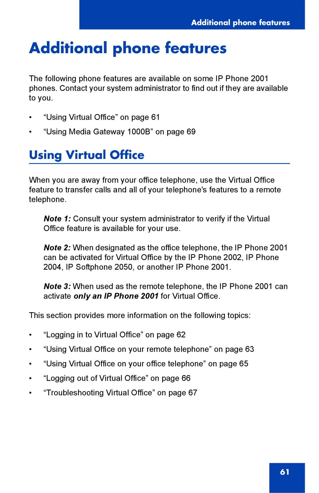 Nortel Networks IP Phone 2001 manual Additional phone features, Using Virtual Office 