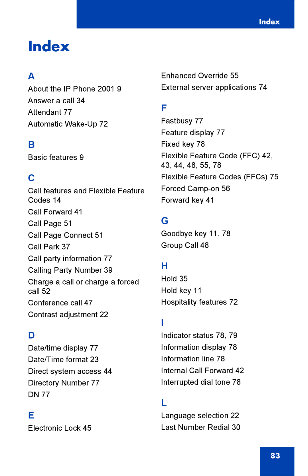 Nortel Networks IP Phone 2001 manual Index 