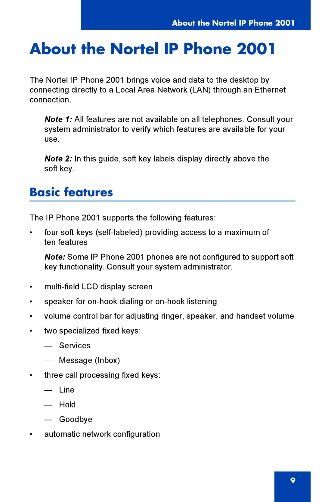 Nortel Networks IP Phone 2001 manual About the Nortel IP Phone, Basic features 