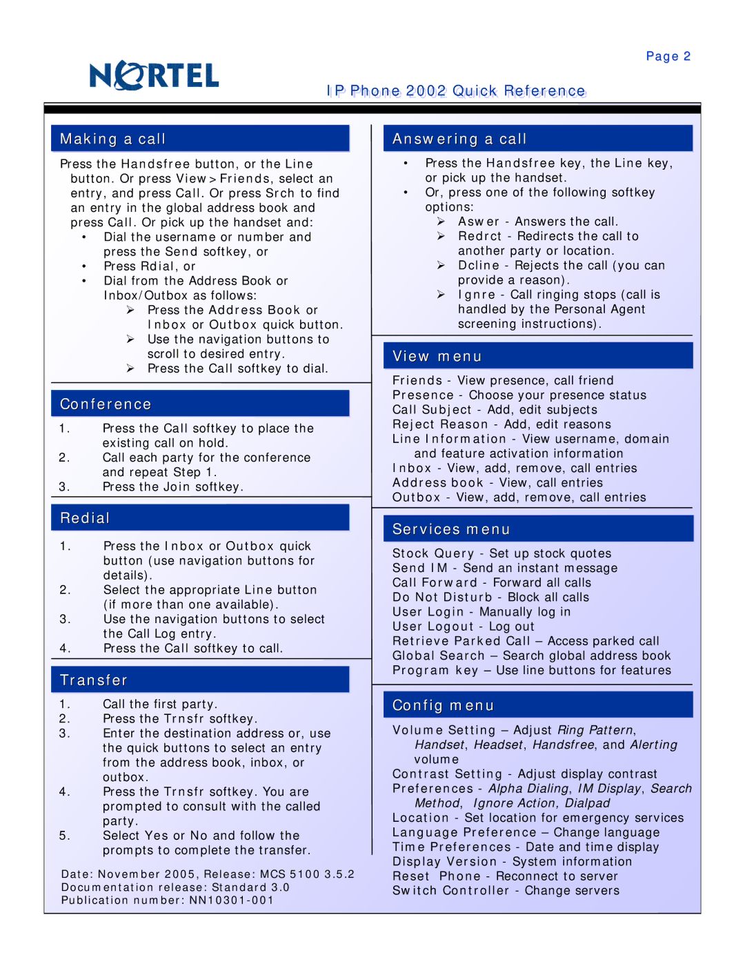 Nortel Networks IP Phone 2002 Making a call, Conference, Answering a call, View menu, Redial, Transfer, Services menu 