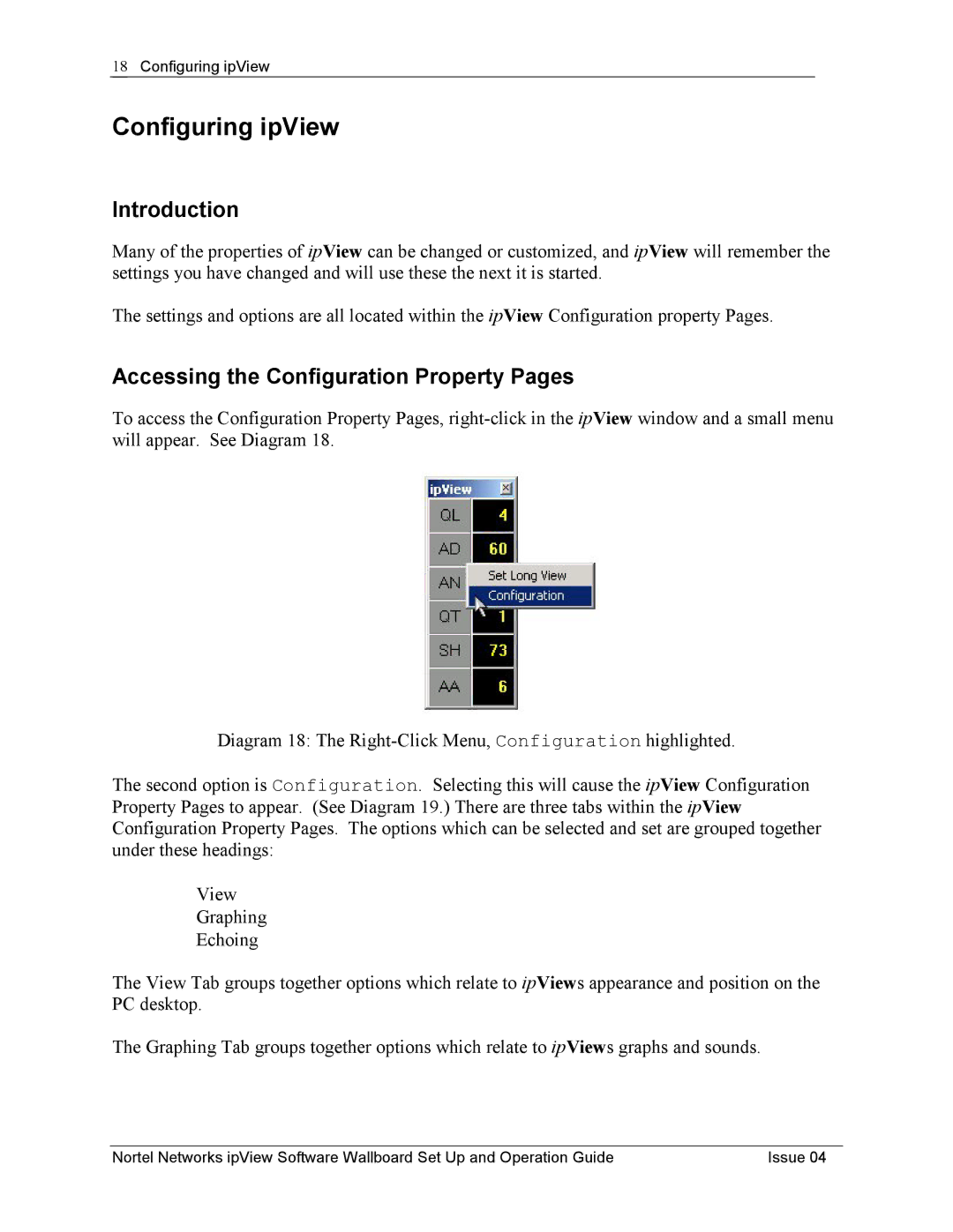 Nortel Networks ipView Software Wallboard manual Configuring ipView, Accessing the Configuration Property Pages 