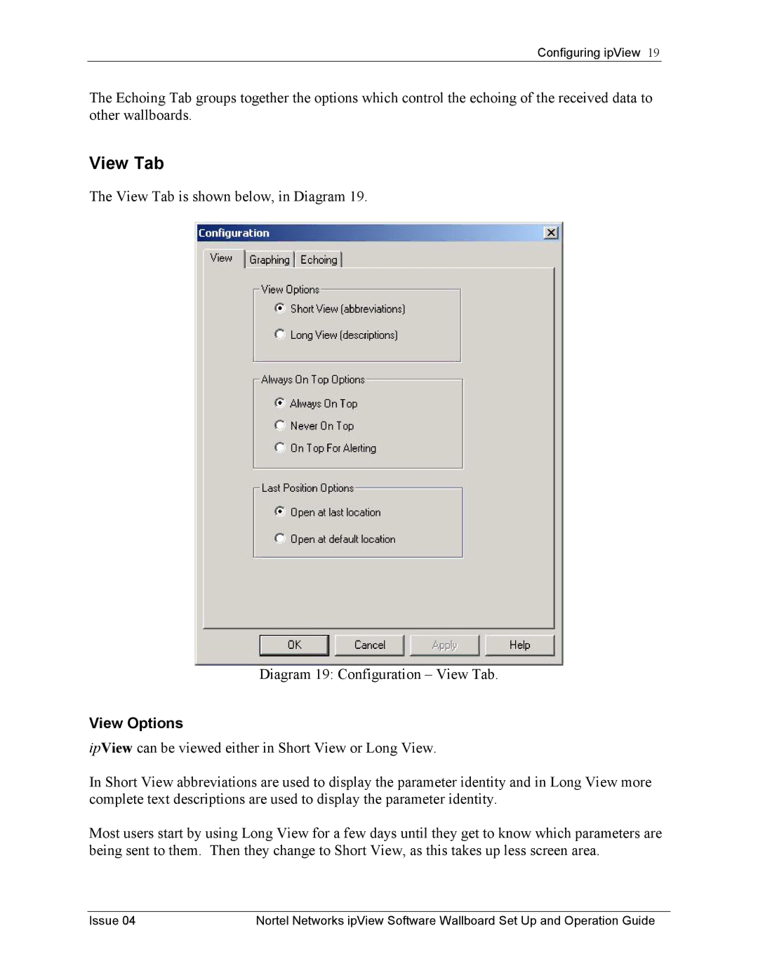 Nortel Networks ipView Software Wallboard manual View Tab, View Options 