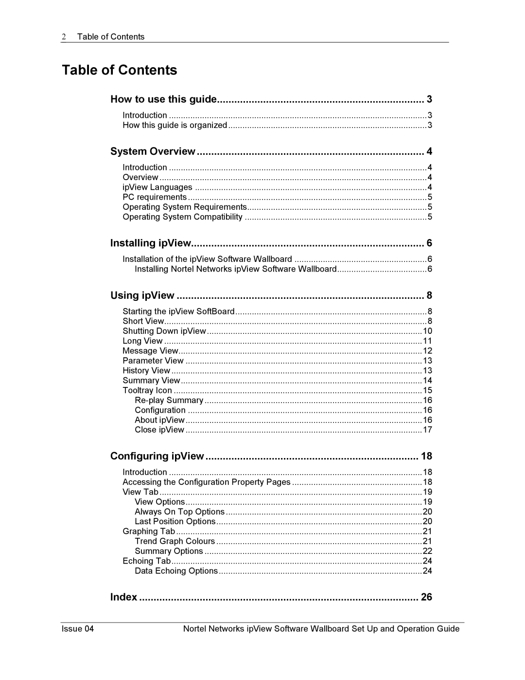 Nortel Networks ipView Software Wallboard manual Table of Contents 