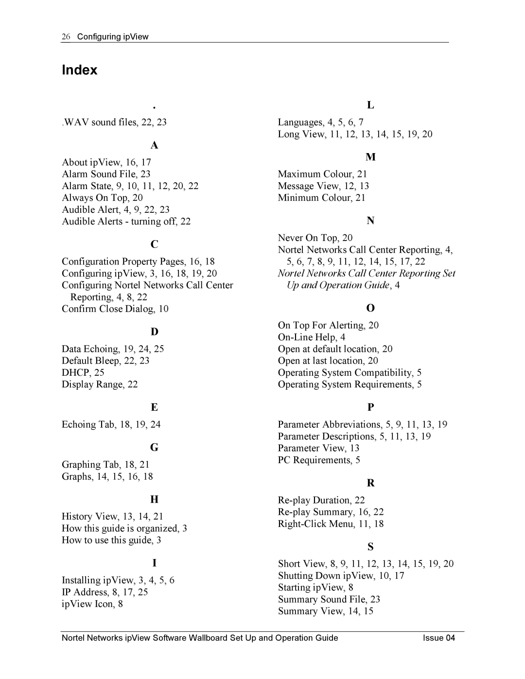 Nortel Networks ipView Software Wallboard manual Index 