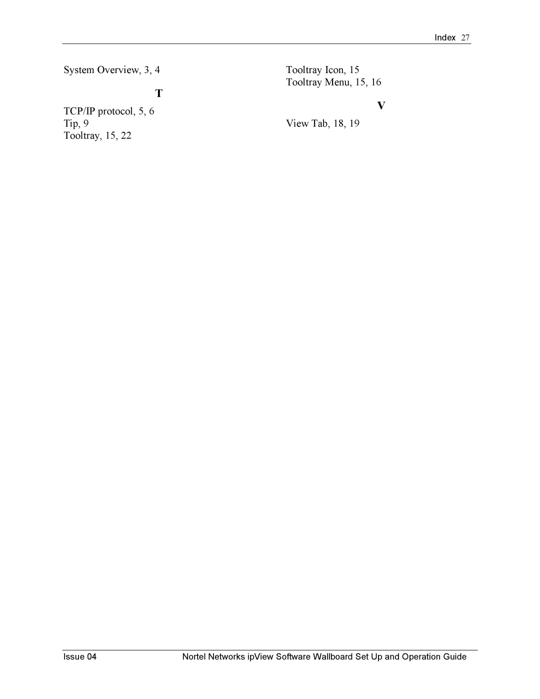 Nortel Networks ipView Software Wallboard manual Index 