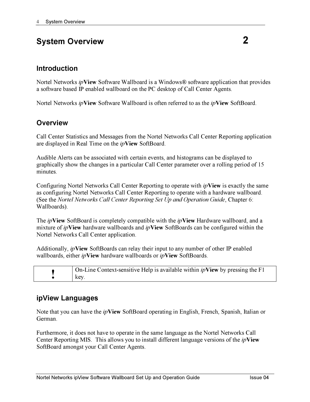 Nortel Networks ipView Software Wallboard manual System Overview, IpView Languages 