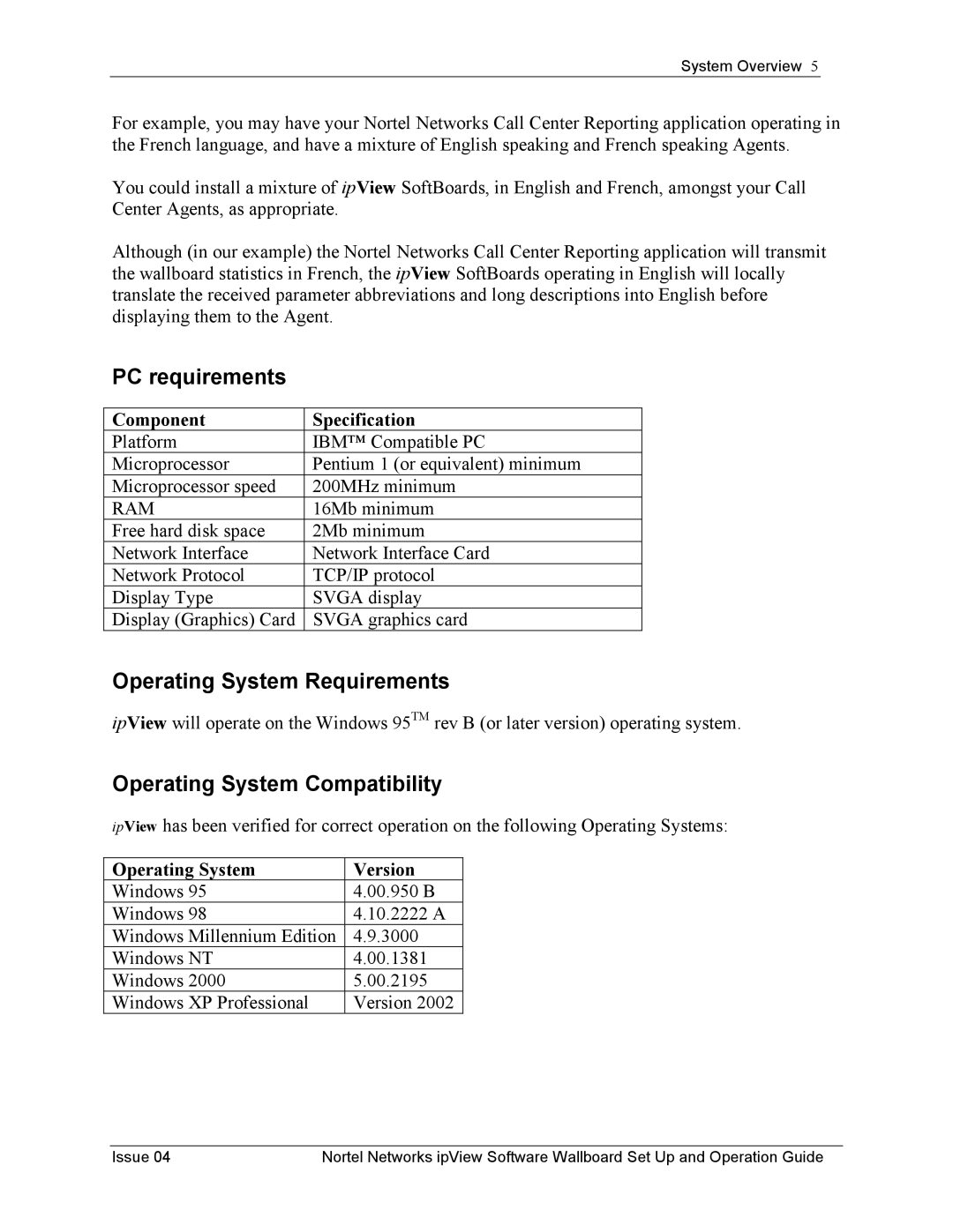 Nortel Networks ipView Software Wallboard PC requirements, Operating System Requirements, Operating System Compatibility 