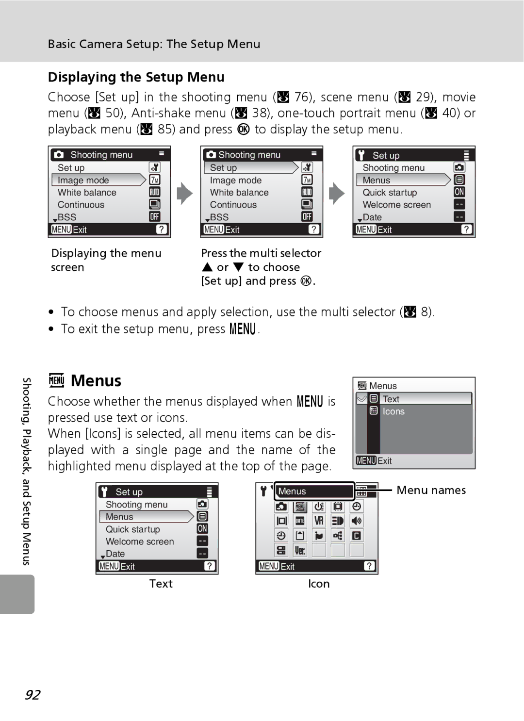 Nortel Networks L12 user manual Menus, Displaying the Setup Menu, Basic Camera Setup The Setup Menu 