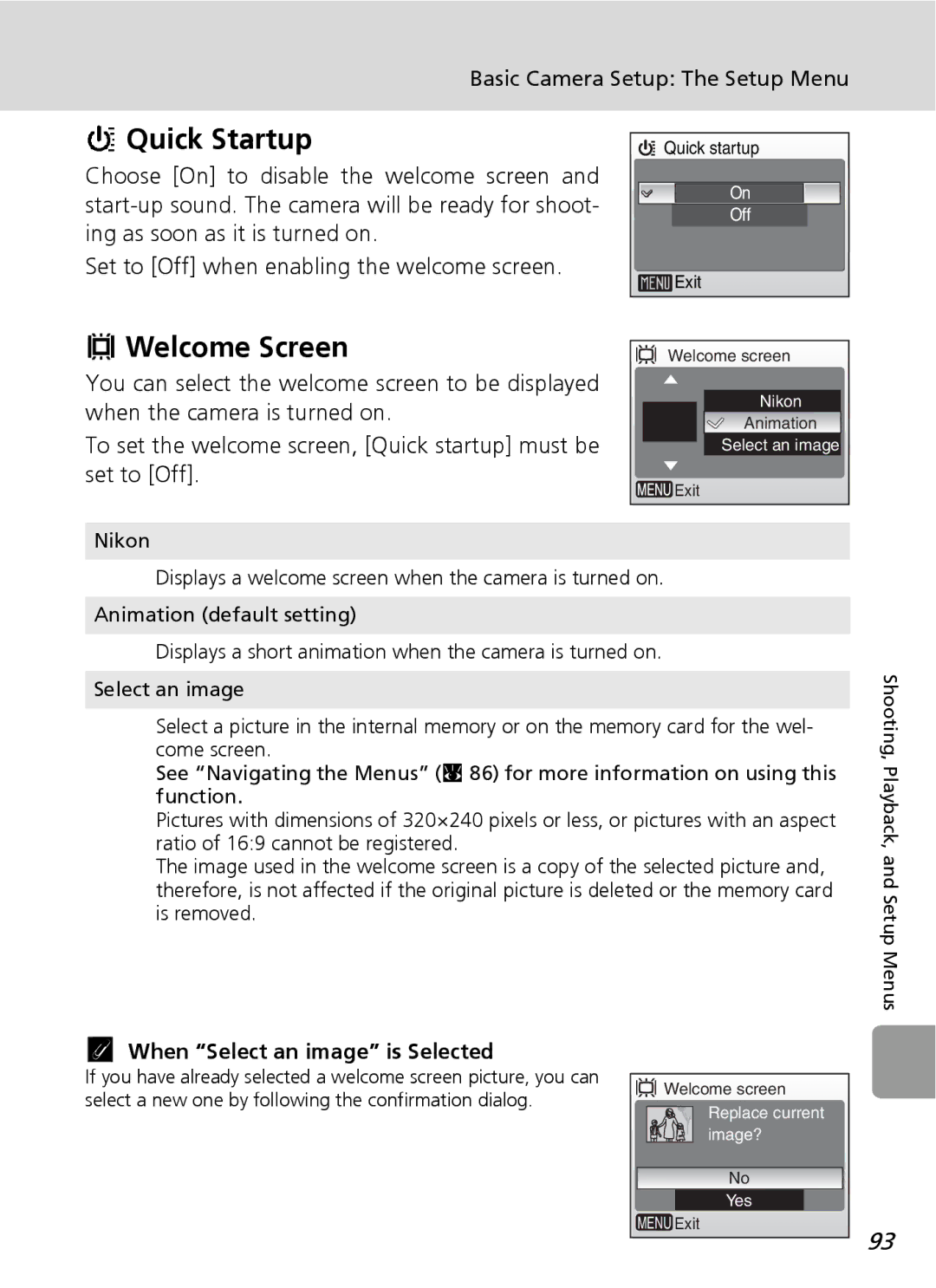 Nortel Networks L12 user manual Quick Startup, Welcome Screen, When Select an image is Selected, Nikon 