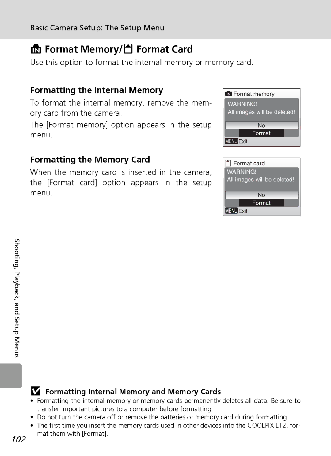 Nortel Networks L12 Format Memory/O Format Card, Formatting the Internal Memory, Formatting the Memory Card, 102 