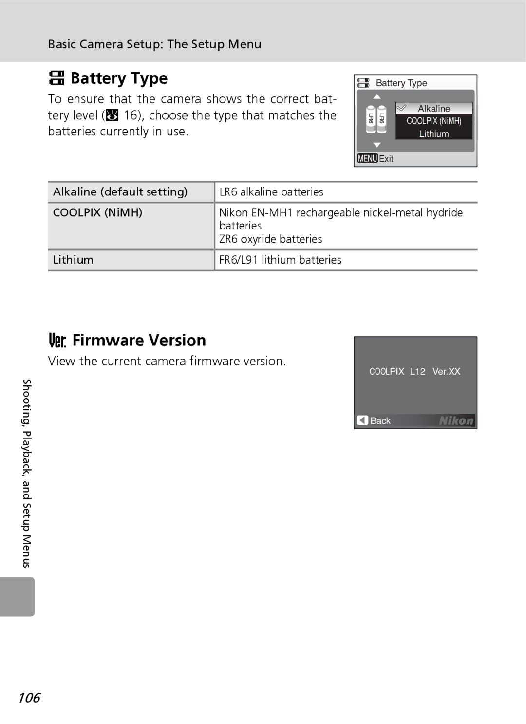 Nortel Networks L12 user manual Battery Type, Firmware Version, 106, View the current camera firmware version 