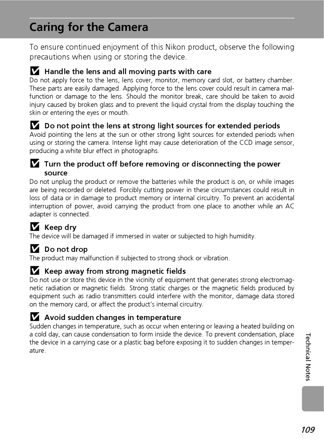 Nortel Networks L12 user manual Caring for the Camera, 109 