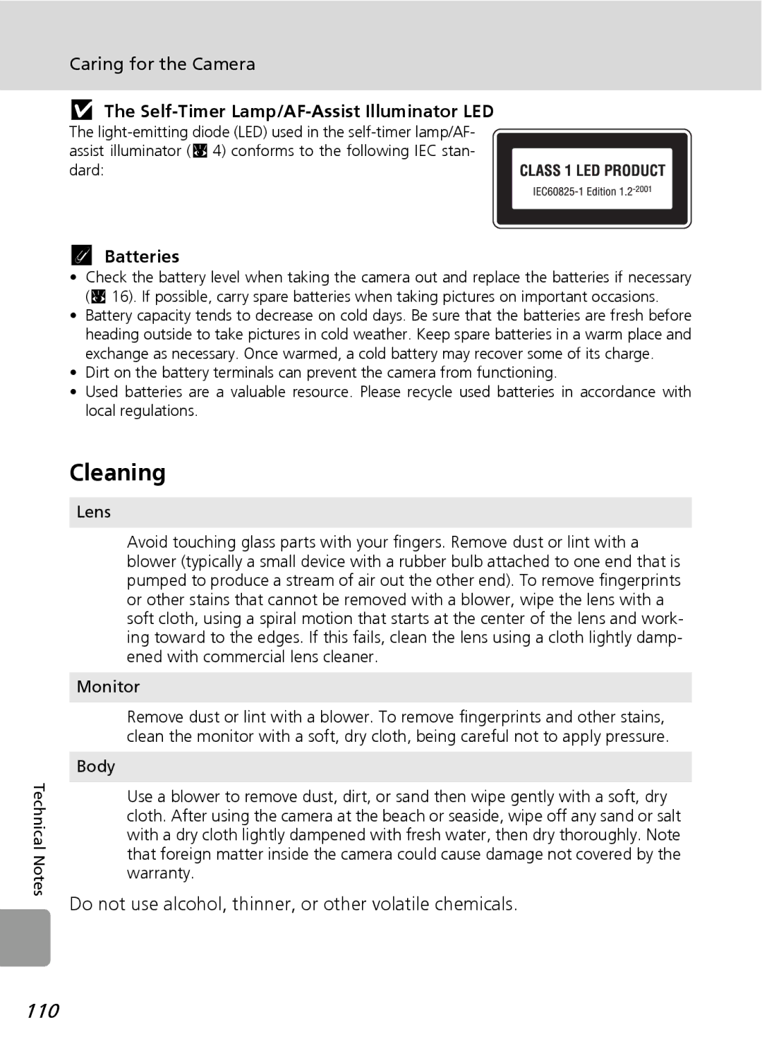 Nortel Networks L12 user manual Cleaning, 110, Self-Timer Lamp/AF-Assist Illuminator LED, Batteries 