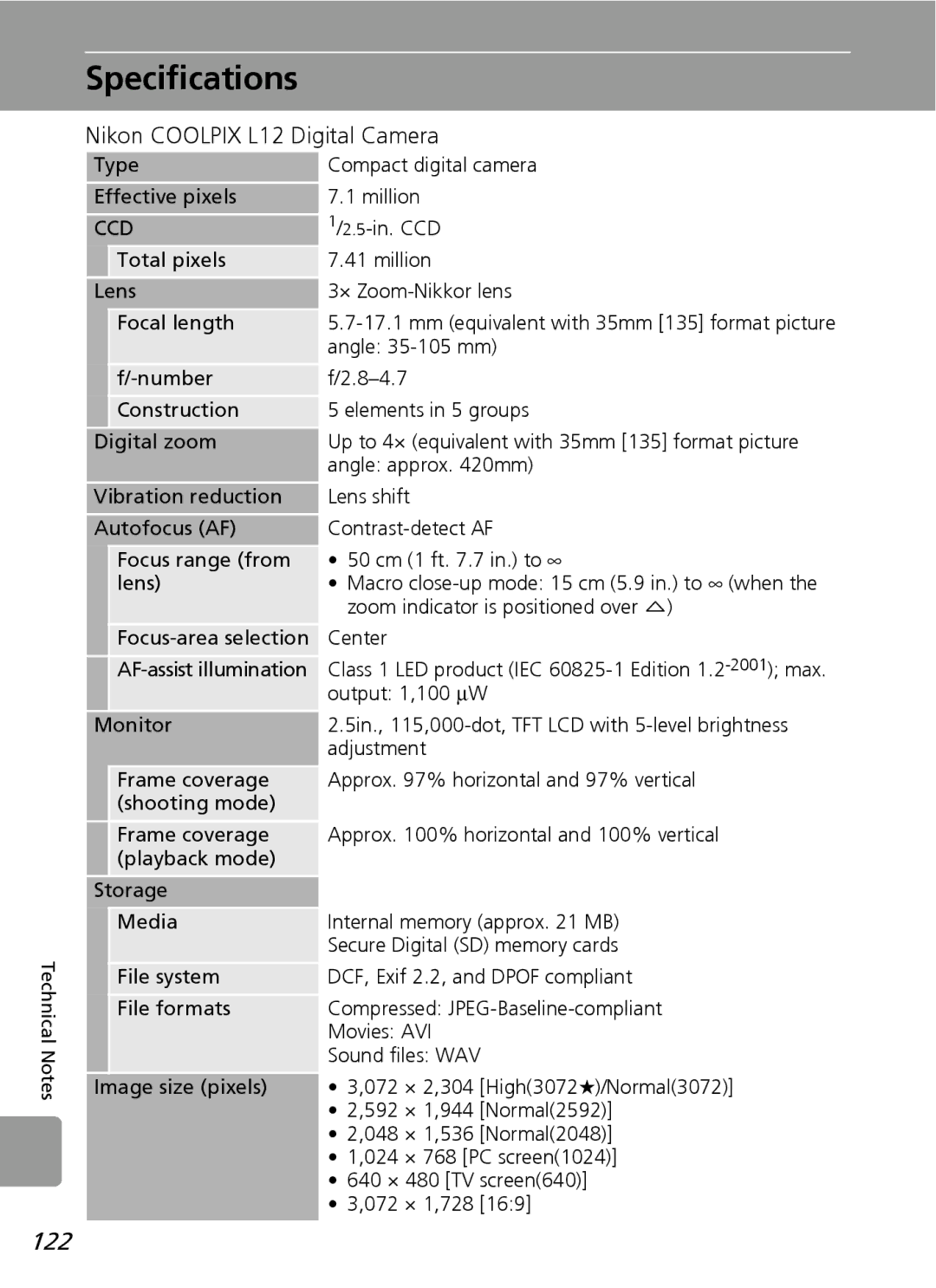 Nortel Networks user manual Specifications, 122, Nikon Coolpix L12 Digital Camera 