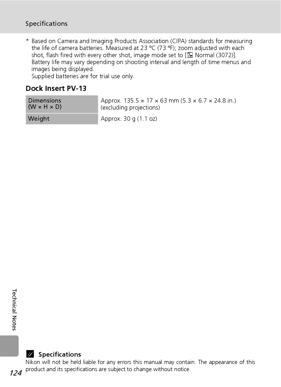 Nortel Networks L12 user manual Dock Insert PV-13, Specifications 