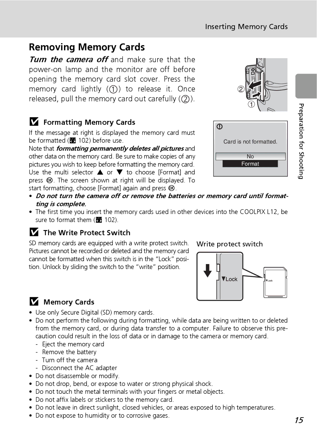 Nortel Networks L12 user manual Removing Memory Cards, Formatting Memory Cards, Write Protect Switch 