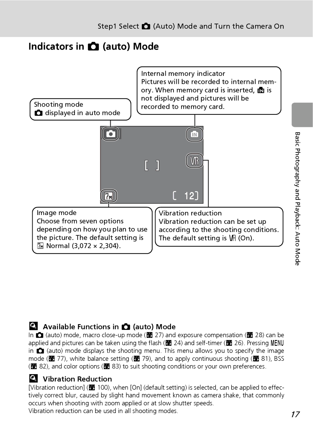 Nortel Networks L12 user manual Indicators in L auto Mode, Select L Auto Mode and Turn the Camera On, Vibration Reduction 