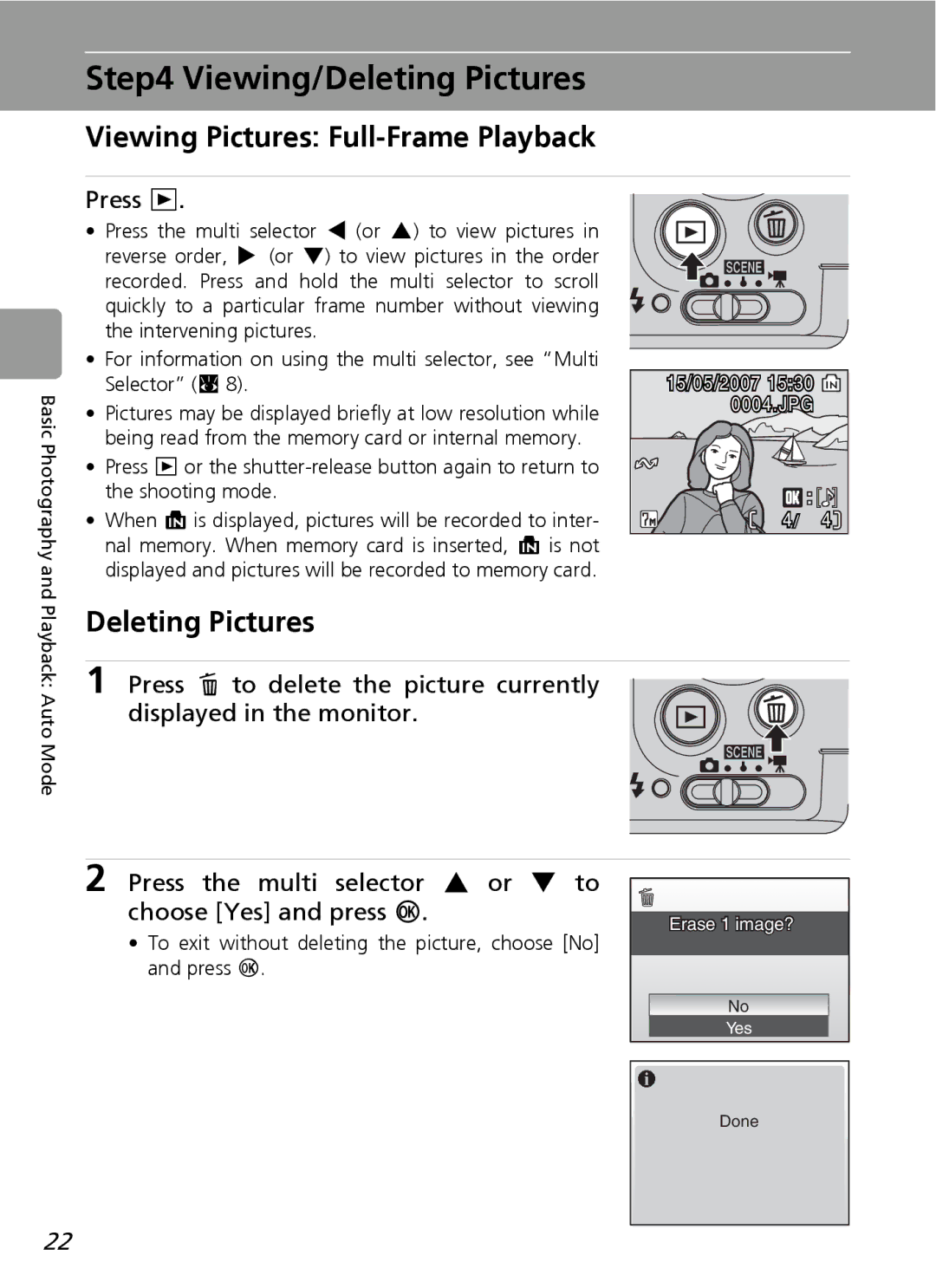 Nortel Networks L12 user manual Viewing/Deleting Pictures, Viewing Pictures Full-Frame Playback, Press 