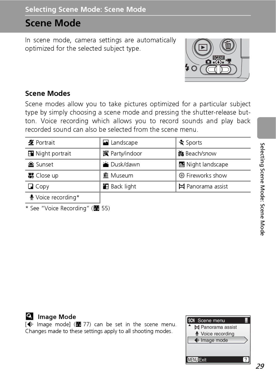 Nortel Networks L12 user manual Scene Modes, Image Mode, See Voice Recording c 