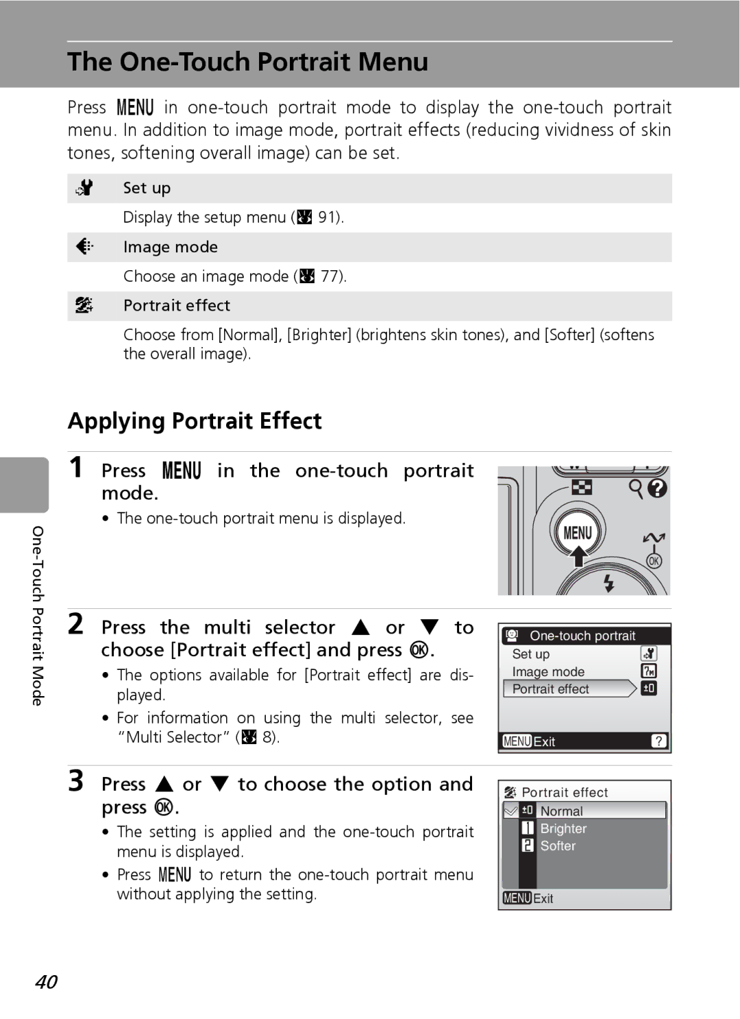 Nortel Networks L12 user manual One-Touch Portrait Menu, Applying Portrait Effect, Press m in the one-touch portrait Mode 