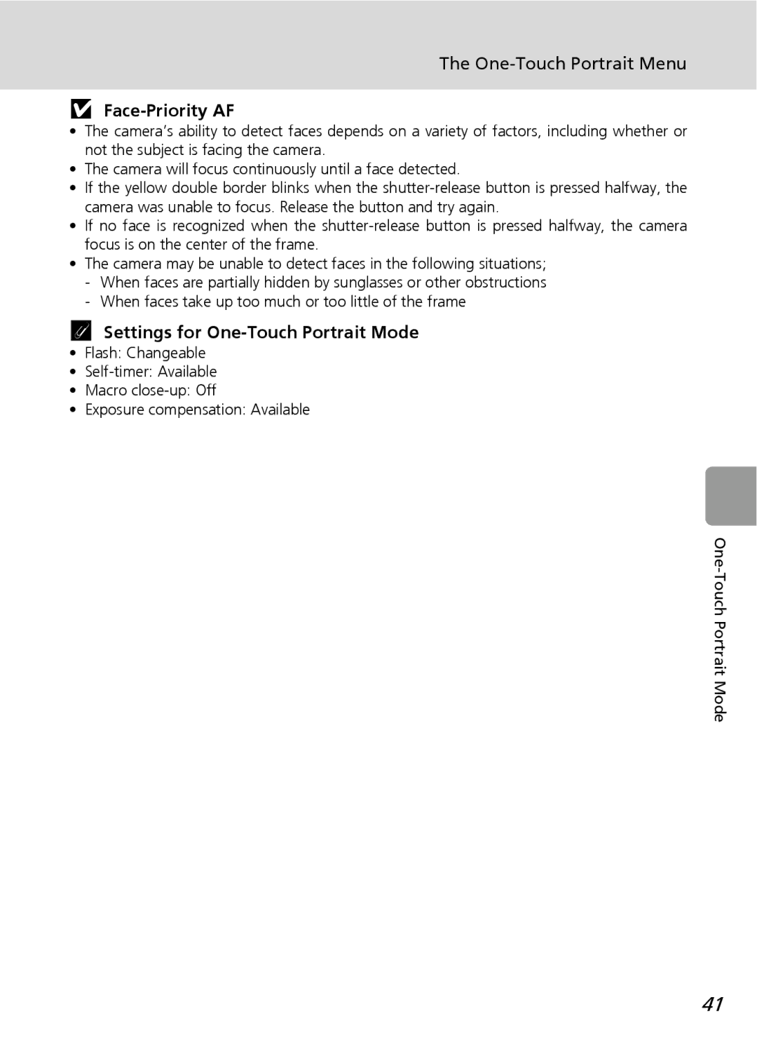 Nortel Networks L12 user manual One-Touch Portrait Menu, Face-Priority AF, Settings for One-Touch Portrait Mode 