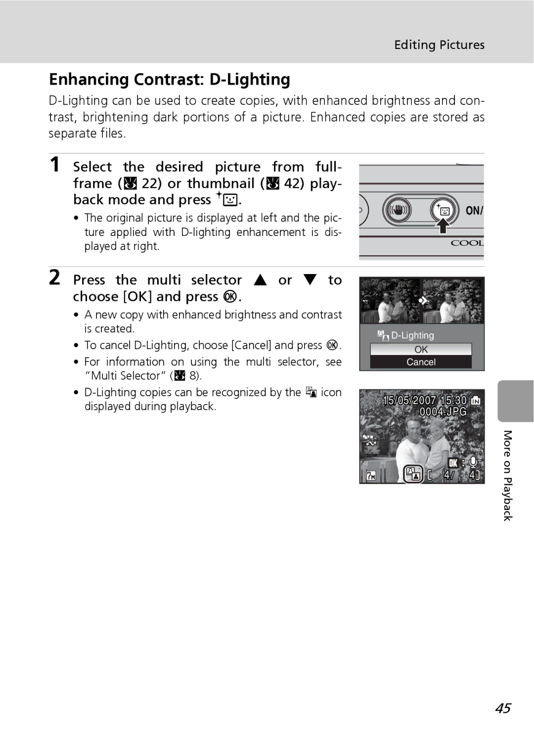 Nortel Networks L12 user manual Enhancing Contrast D-Lighting, Press the multi selector G or H to choose OK and press d 