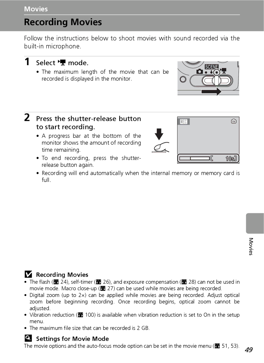 Nortel Networks L12 user manual Recording Movies, Select T mode, Press the shutter-release button to start recording 