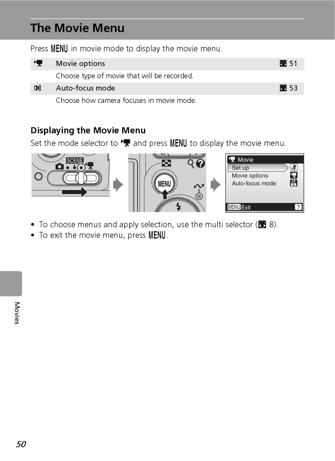 Nortel Networks L12 user manual Displaying the Movie Menu, Press m in movie mode to display the movie menu 