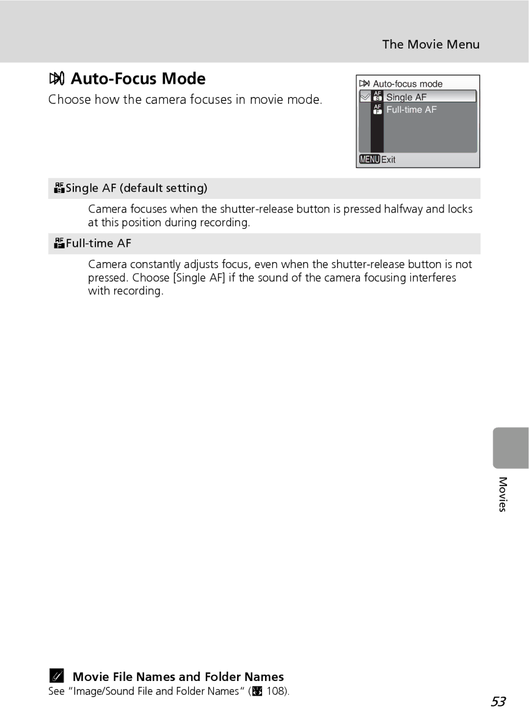 Nortel Networks L12 Auto-Focus Mode, Choose how the camera focuses in movie mode, Movie File Names and Folder Names 