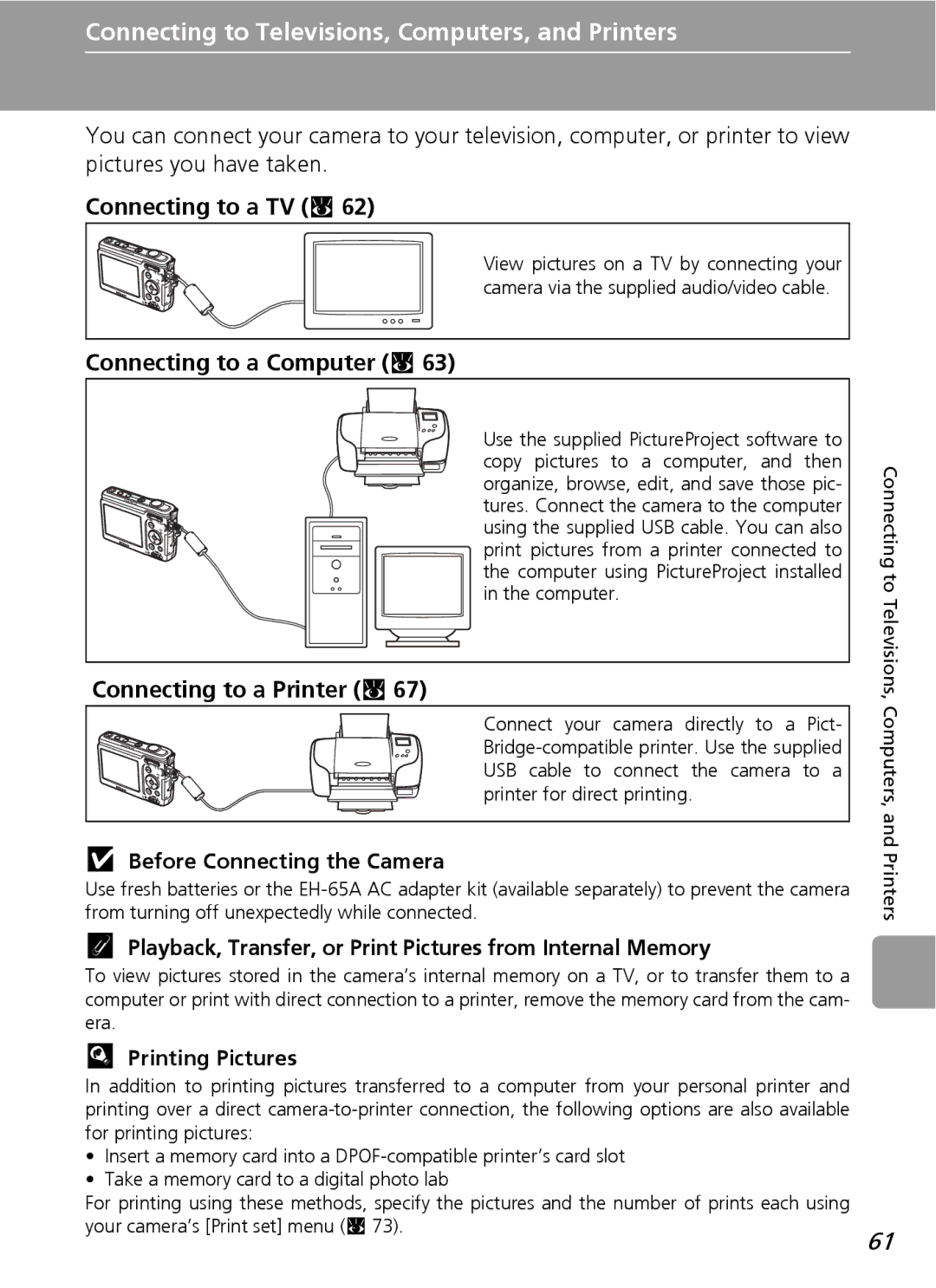 Nortel Networks L12 Connecting to a TV c, Connecting to a Computer c, Connecting to a Printer c, Printing Pictures 