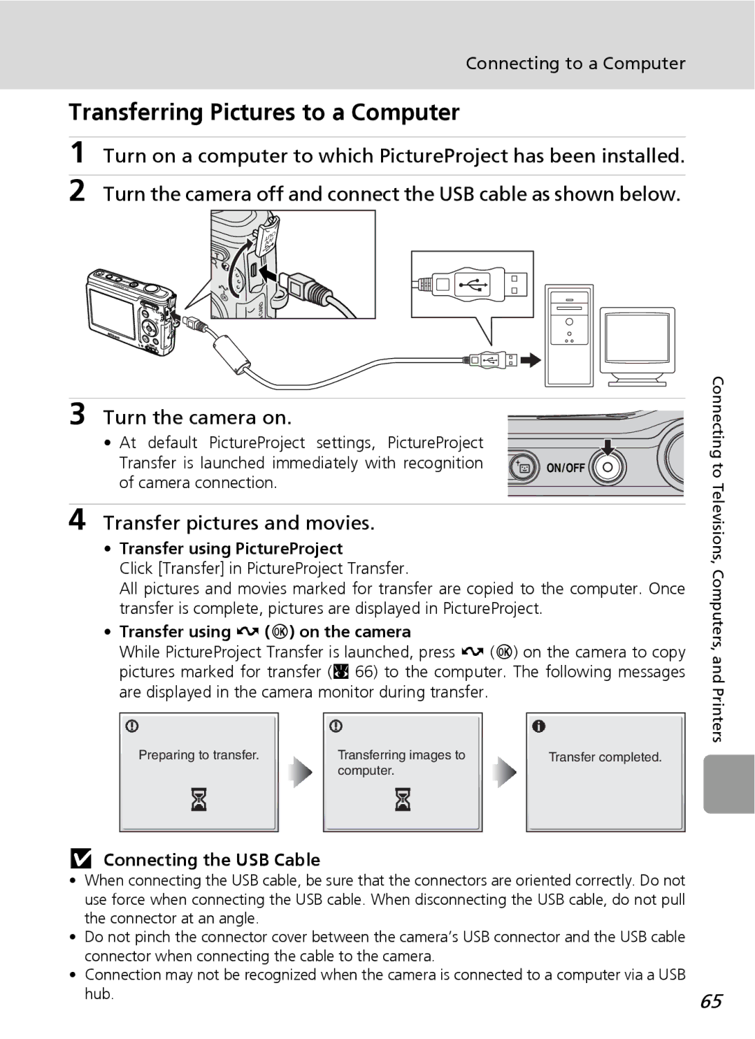 Nortel Networks L12 user manual Transferring Pictures to a Computer, Transfer pictures and movies, Connecting the USB Cable 