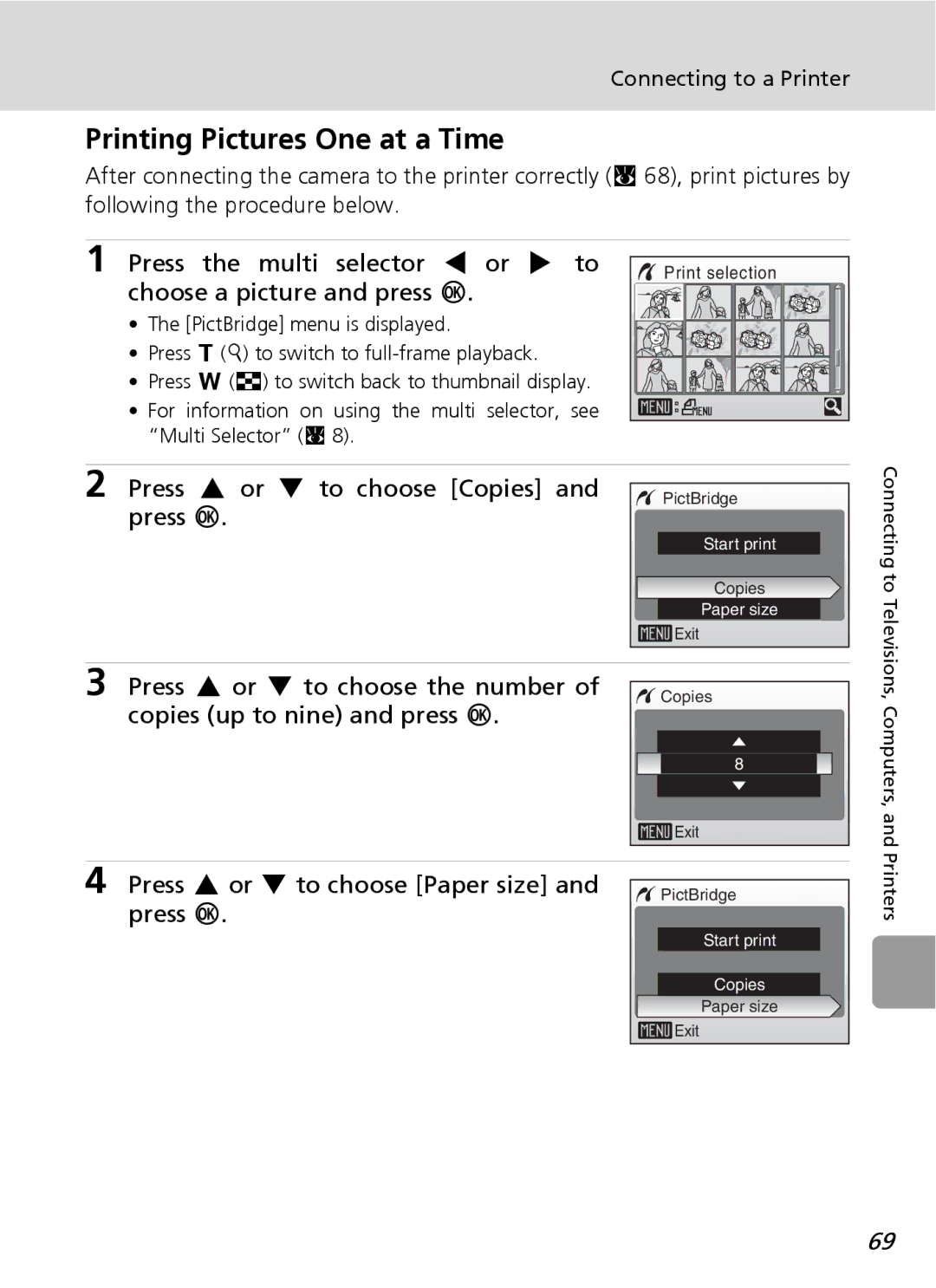 Nortel Networks L12 Printing Pictures One at a Time, Press the multi selector I or J to, Choose a picture and press d 