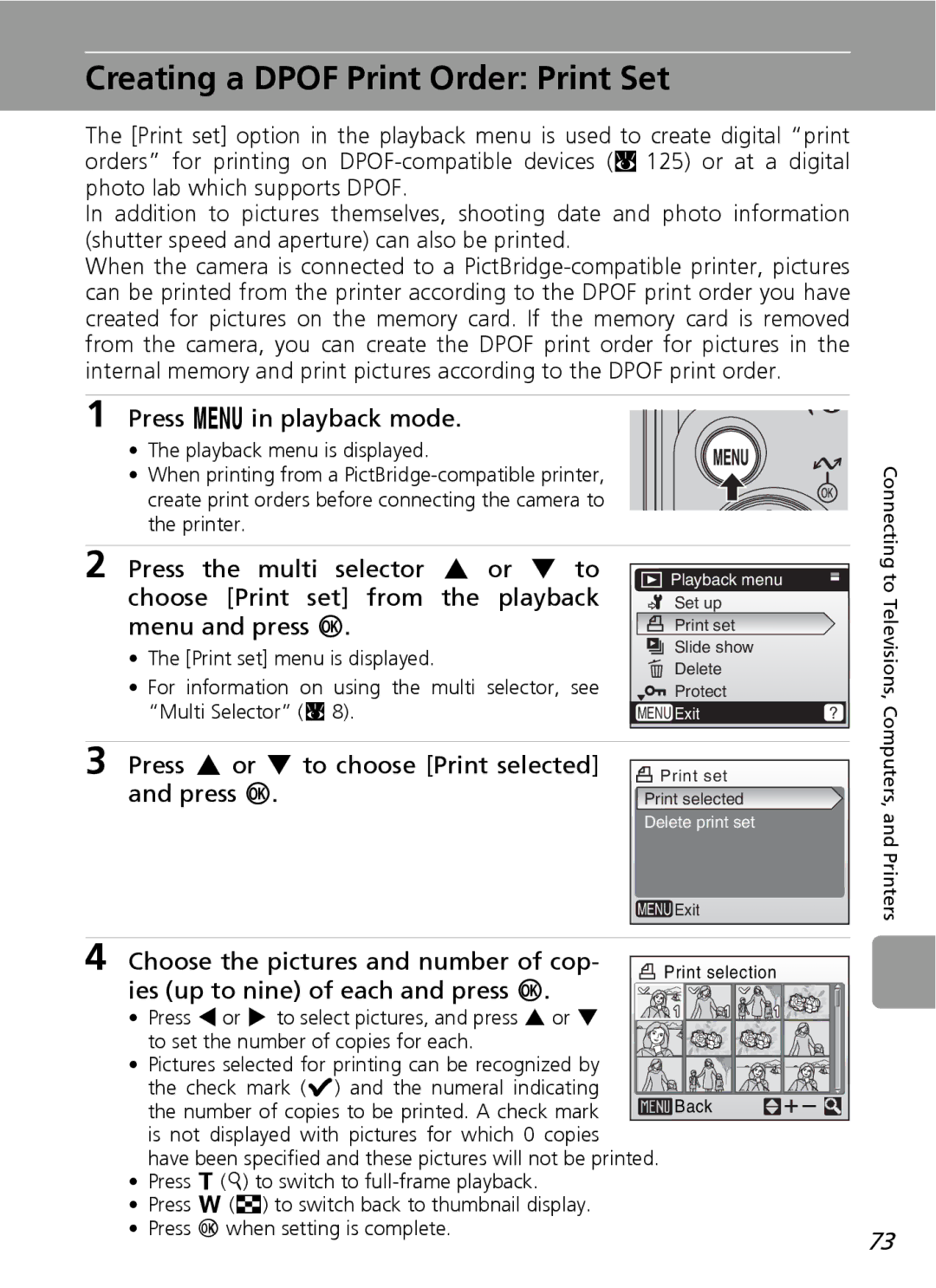 Nortel Networks L12 Creating a Dpof Print Order Print Set, Press m in playback mode, Choose the pictures and number of cop 