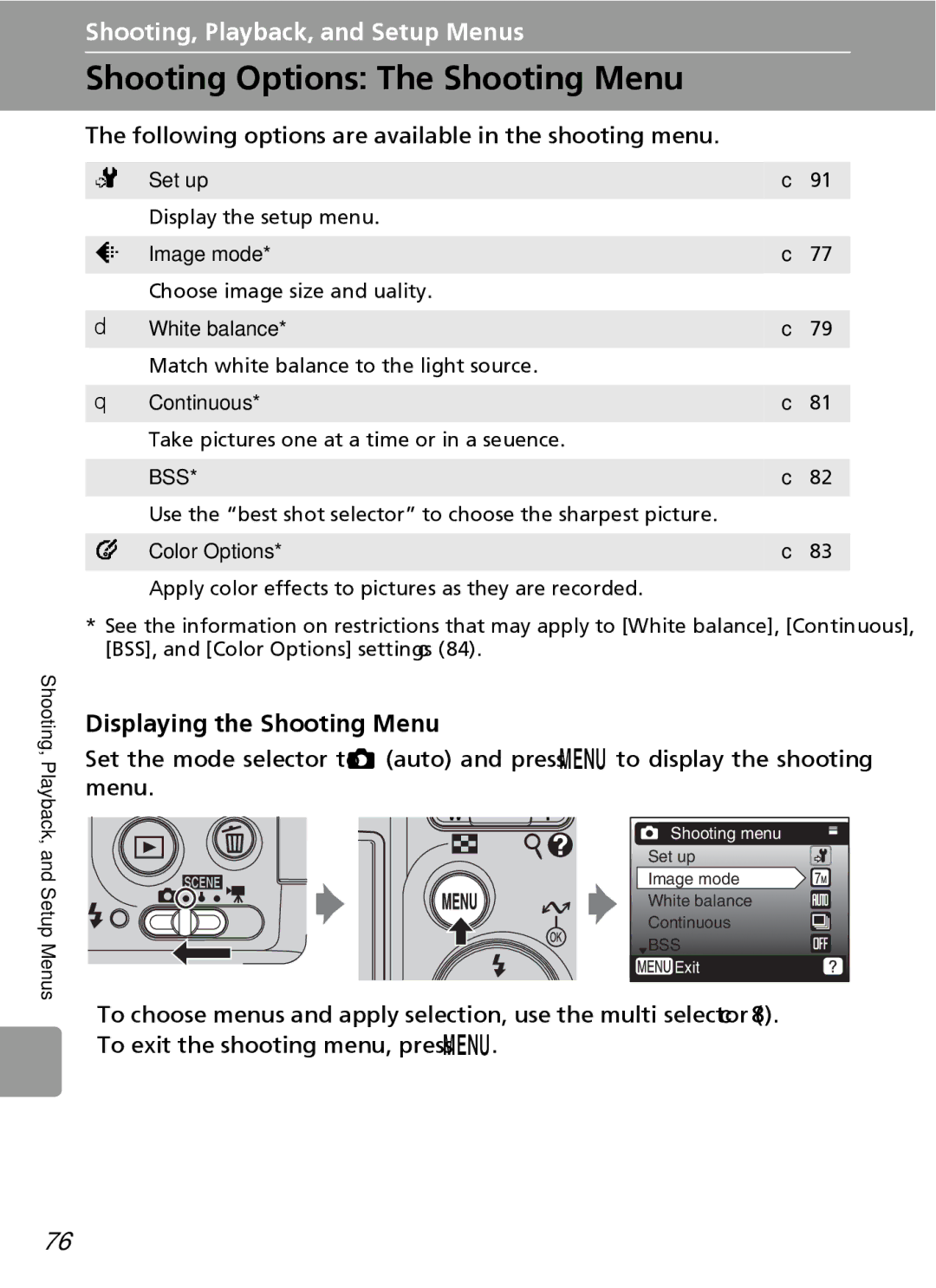 Nortel Networks L12 user manual Shooting Options The Shooting Menu, Displaying the Shooting Menu 