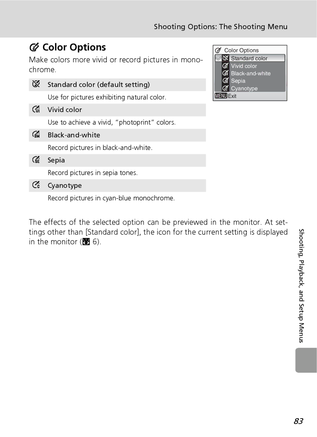 Nortel Networks L12 user manual Color Options, Make colors more vivid or record pictures in mono- chrome 