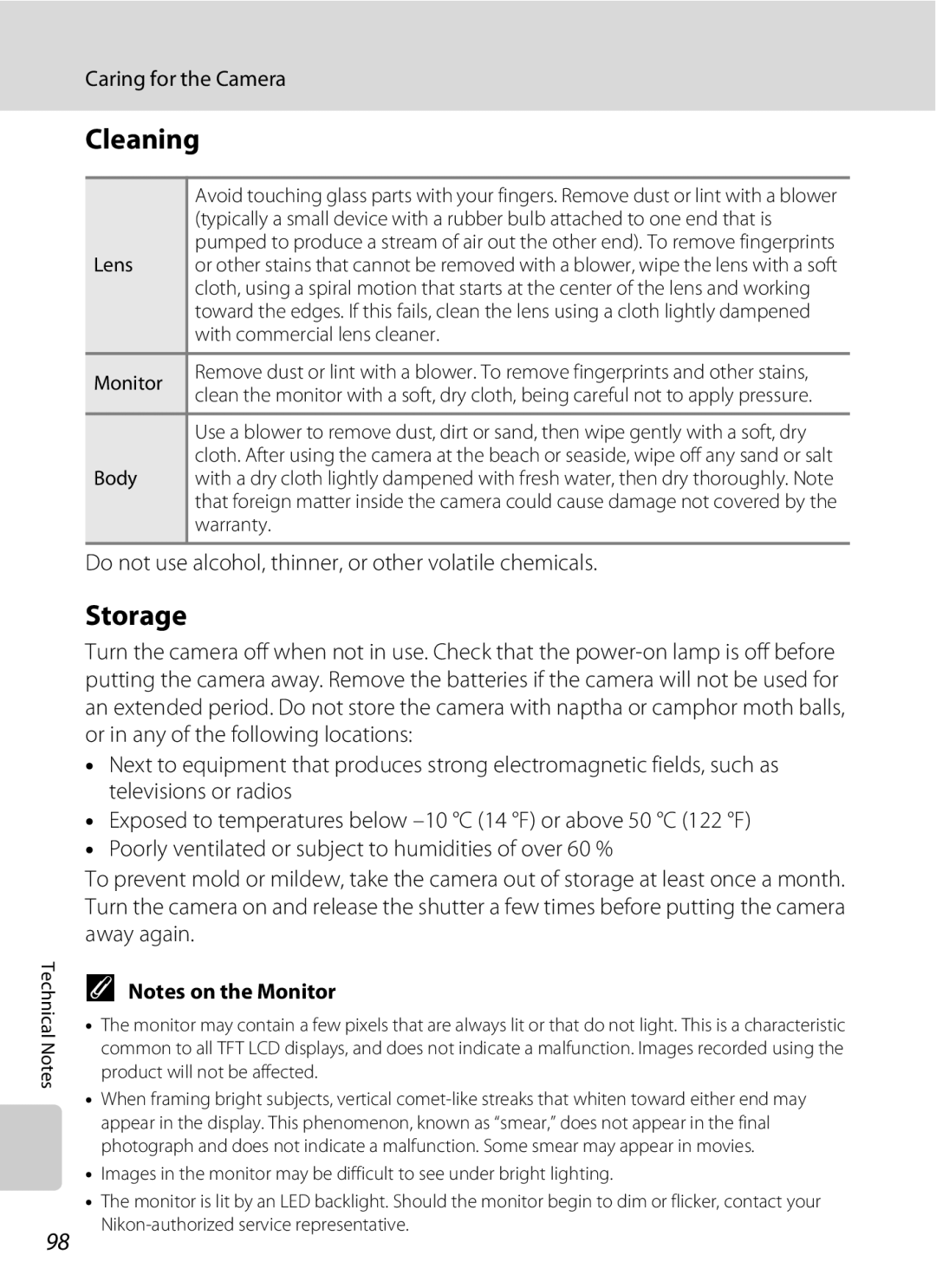 Nortel Networks L14 user manual Cleaning, Storage, Do not use alcohol, thinner, or other volatile chemicals 