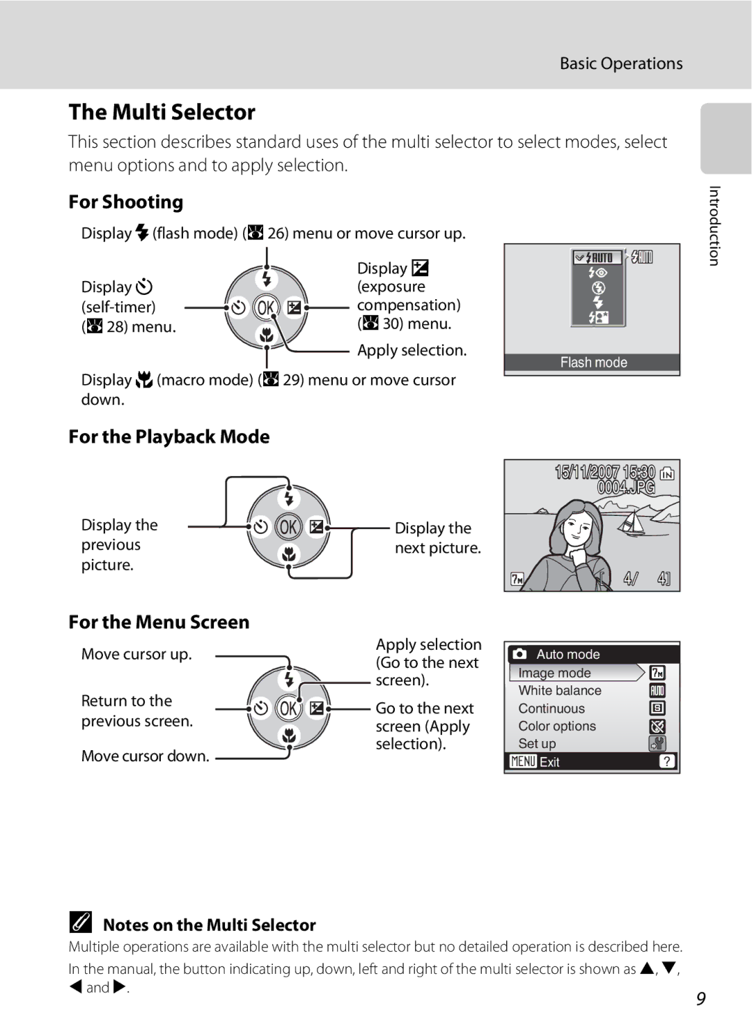 Nortel Networks L14 user manual Multi Selector, For Shooting, For the Playback Mode, For the Menu Screen, Basic Operations 