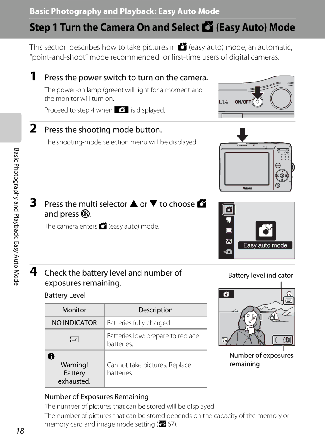 Nortel Networks L14 Press the shooting mode button, Press the multi selector Hor Ito choose G and press k, Battery Level 