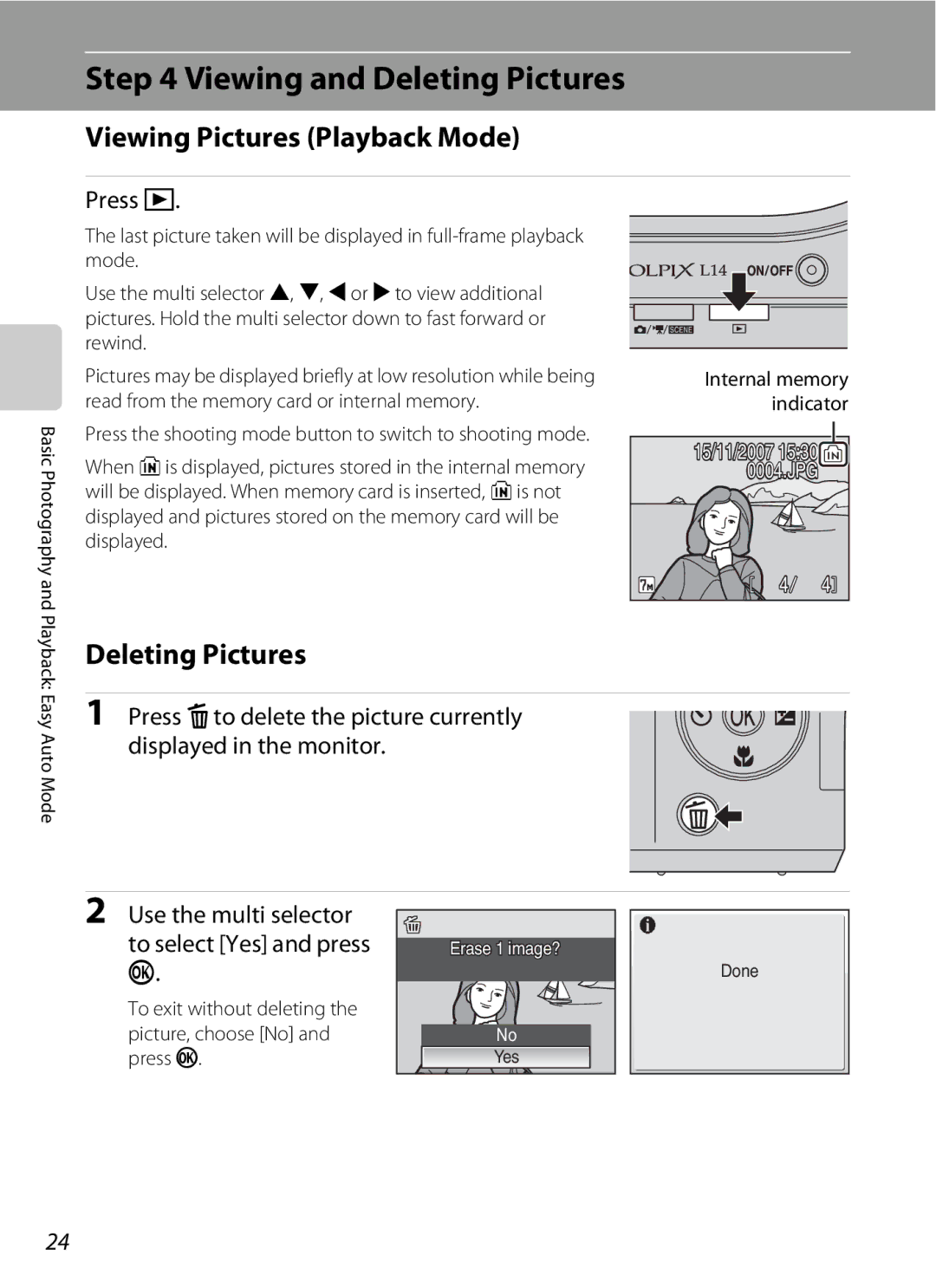 Nortel Networks L14 user manual Viewing and Deleting Pictures, Viewing Pictures Playback Mode, Press c 