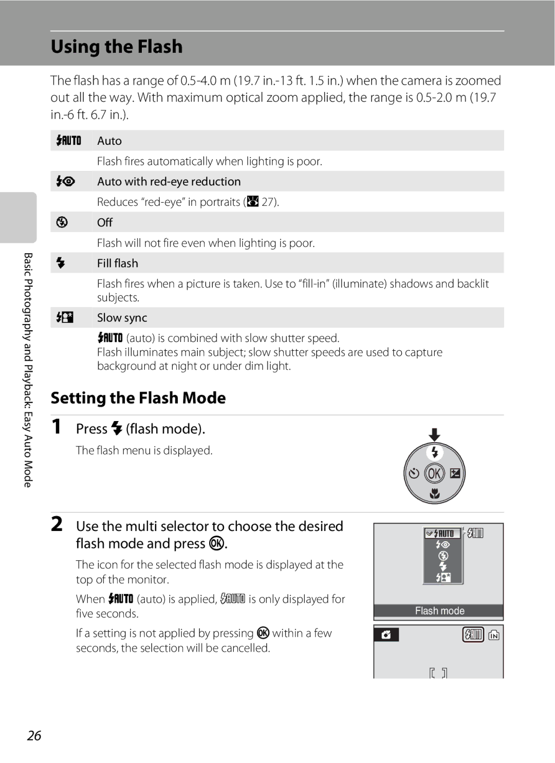 Nortel Networks L14 user manual Using the Flash, Setting the Flash Mode, Press mflash mode, Flash menu is displayed 