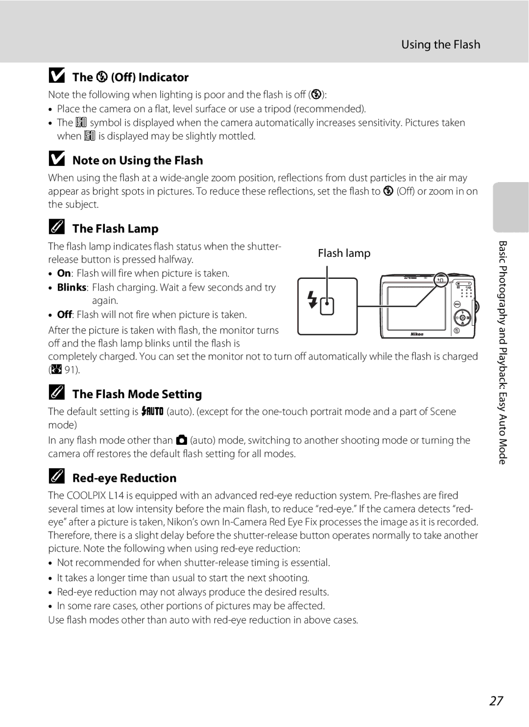 Nortel Networks L14 user manual Using the Flash, WOff Indicator, Flash Lamp, Flash Mode Setting, Red-eye Reduction 