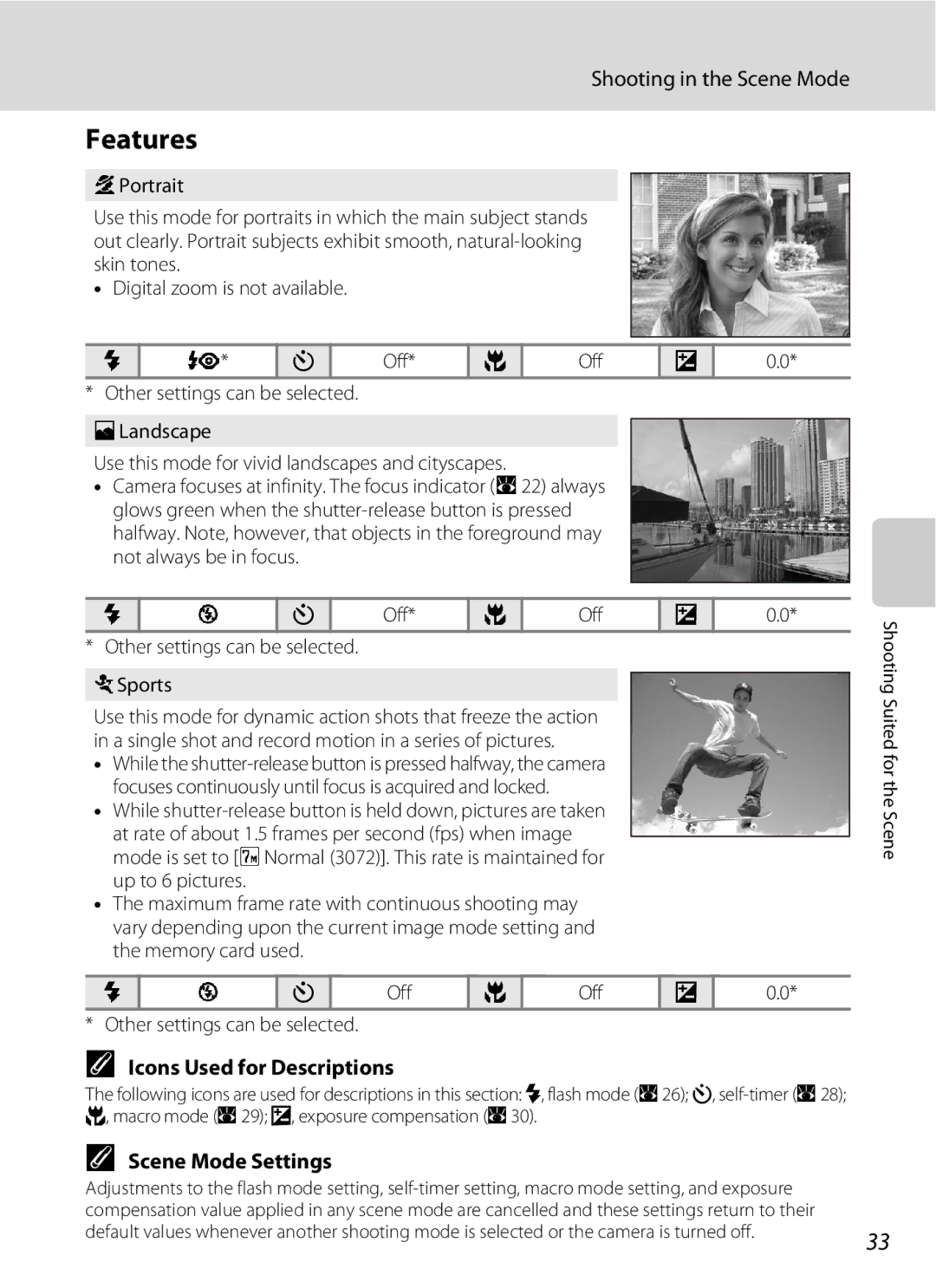 Nortel Networks L14 user manual Features, Shooting in the Scene Mode, Icons Used for Descriptions, Scene Mode Settings 